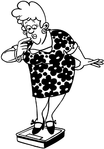 Overweight lady on scales vinyl sticker. Customize on line. Health Illness Anatomy 050-0246